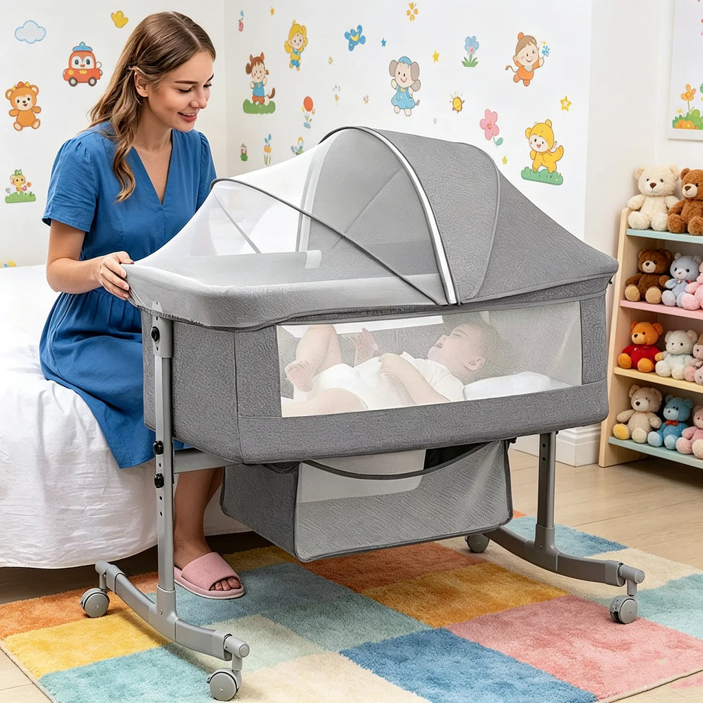 3-in-1 baby bed, portable crib, baby playpen, 0–3 years, multifunctional, foldable and adjustable, with a mosquito net and castors