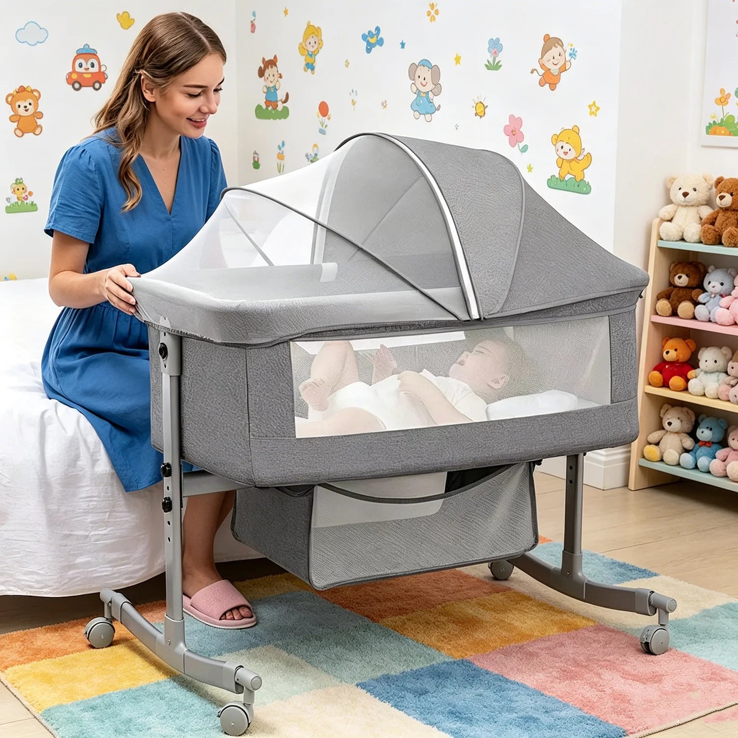3-in-1 baby bed, portable crib, baby playpen, 0–3 years, multifunctional, foldable and adjustable, with a mosquito net and castors