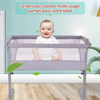 Baby bed, Cododo crib with mattress, baby extra bed, height adjustable, reclinable, Compatible with different beds, easy to install and carry, 6 months-9 kg, Gray