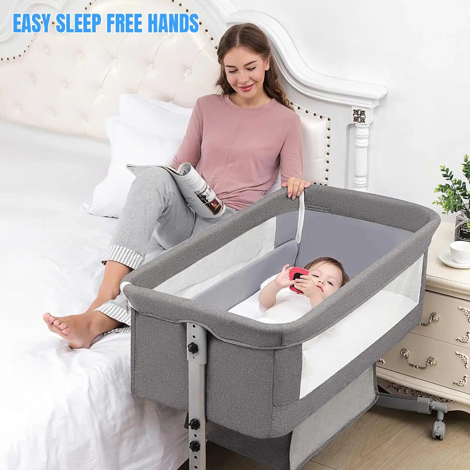 3-in-1 baby bed, portable crib, baby playpen, 0–3 years, multifunctional, foldable and adjustable, with a mosquito net and castors