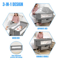 3-in-1 baby bed, portable crib, baby playpen, 0–3 years, multifunctional, foldable and adjustable, with a mosquito net and castors