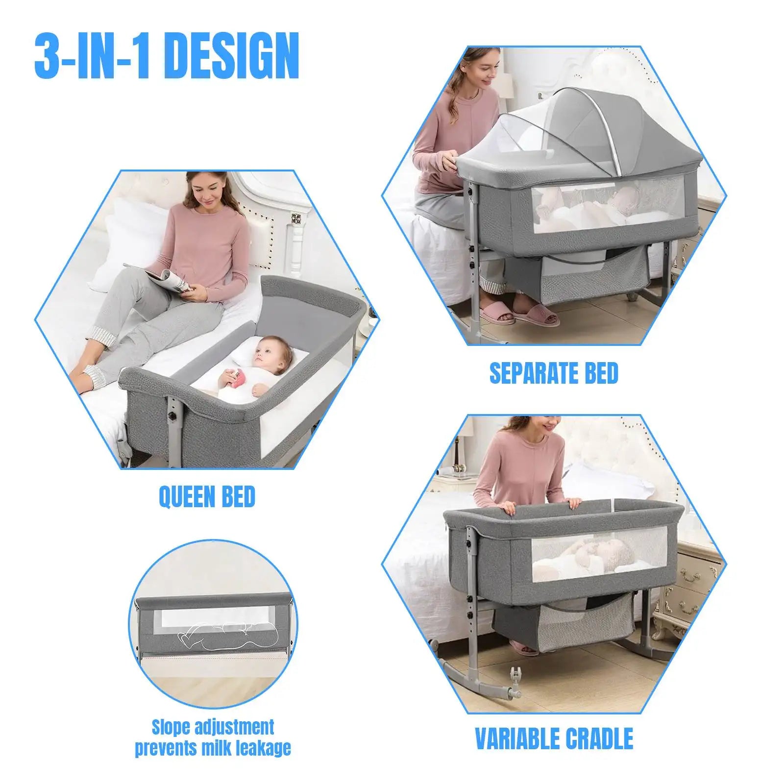 3-in-1 baby bed, portable crib, baby playpen, 0–3 years, multifunctional, foldable and adjustable, with a mosquito net and castors