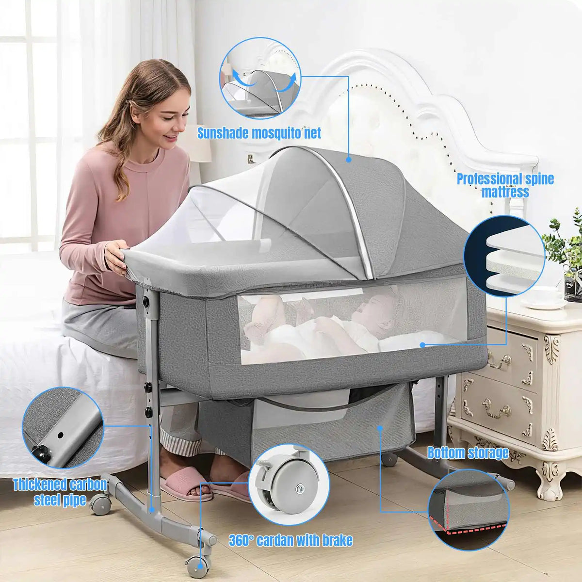 3-in-1 baby bed, portable crib, baby playpen, 0–3 years, multifunctional, foldable and adjustable, with a mosquito net and castors