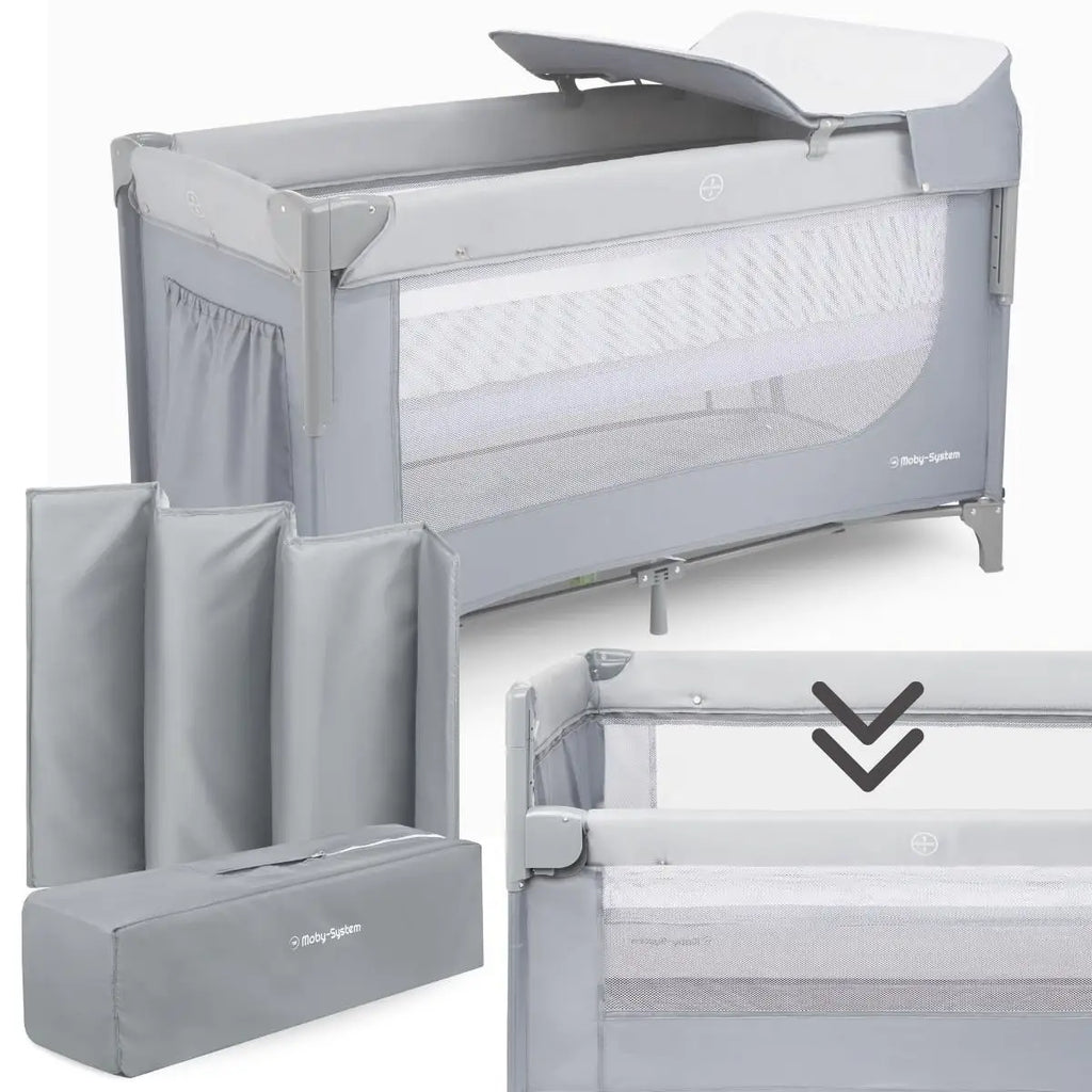 Moby-System 3-in-1 Closely Side-Sleeping Crib with Changing Table, Mattress, and Travel Bag for Babies, Playpen for Ages 0–3