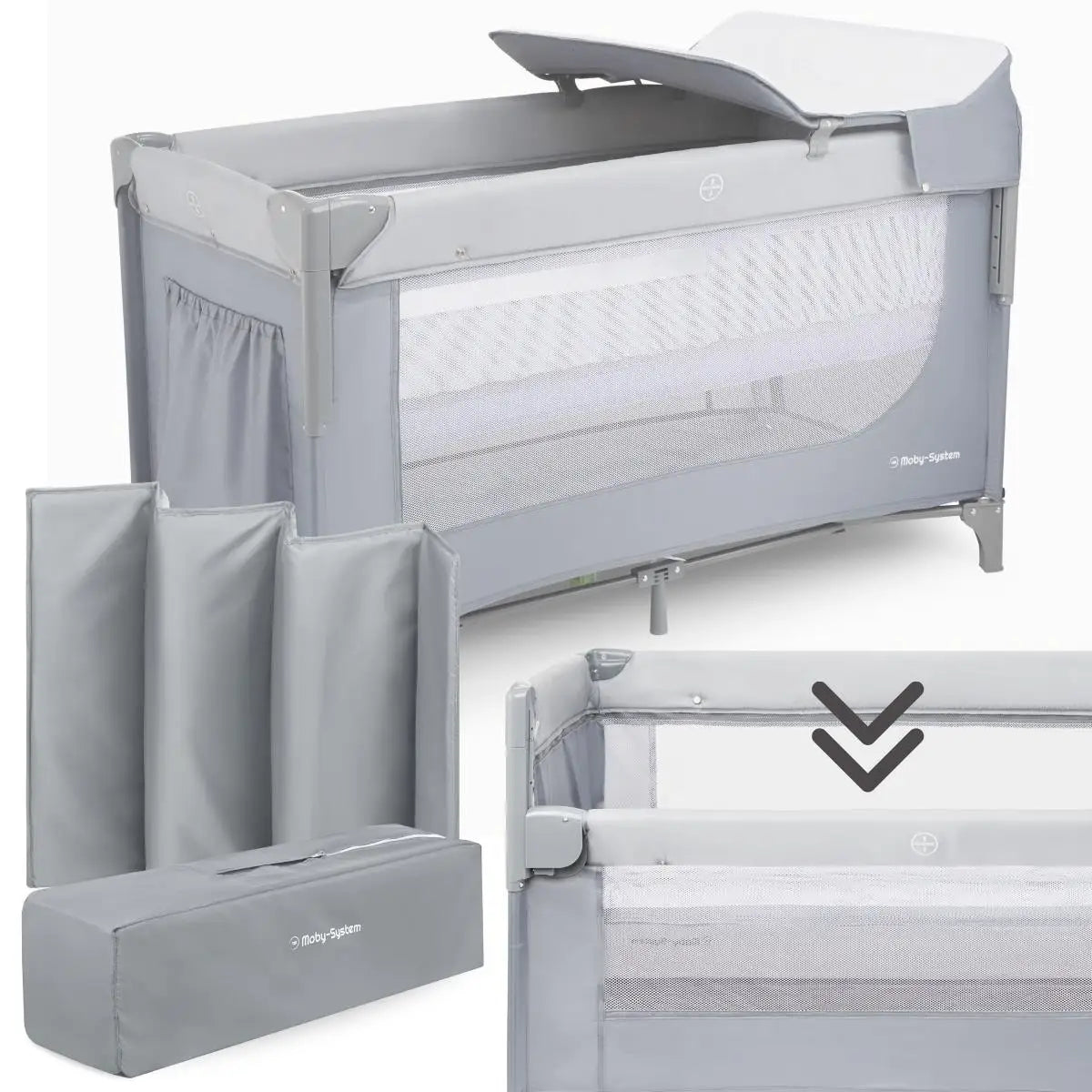 Moby-System 3-in-1 Closely Side-Sleeping Crib with Changing Table, Mattress, and Travel Bag for Babies, Playpen for Ages 0–3