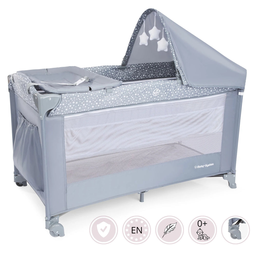 Moby-System Tourist Crib Majesty 2 Levels with Prewind Visor Baby Mattress Happy Traveller Basic Plus