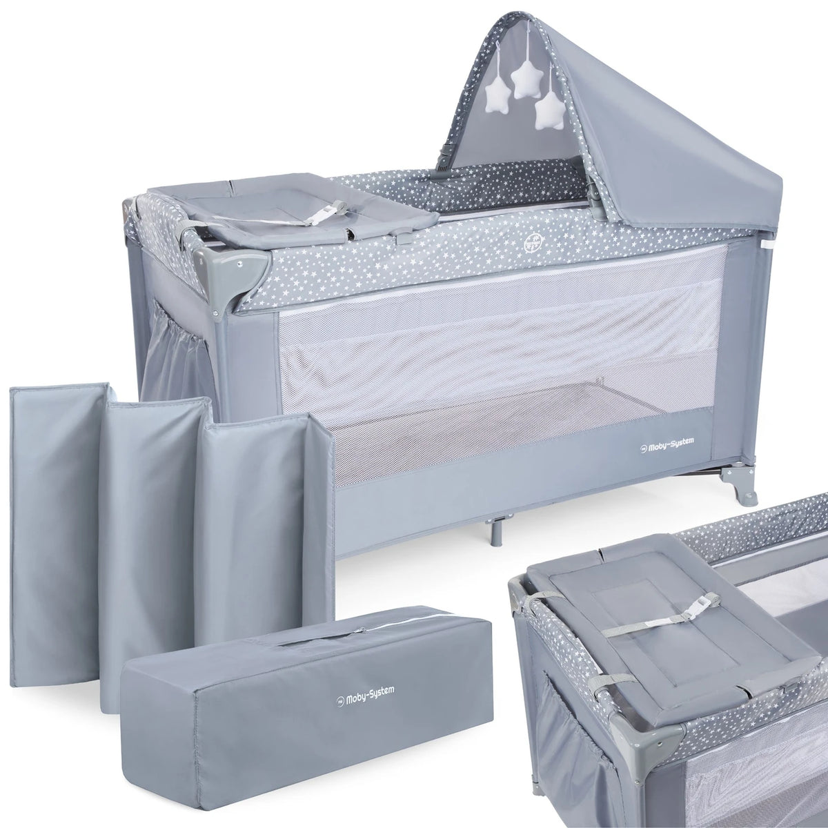 Moby-System Tourist Crib Majesty 2 Levels with Prewind Visor Baby Mattress Happy Traveller Basic Plus