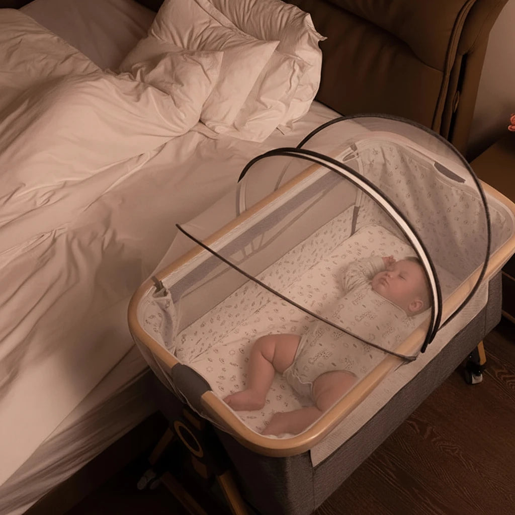 baby bed gold gray