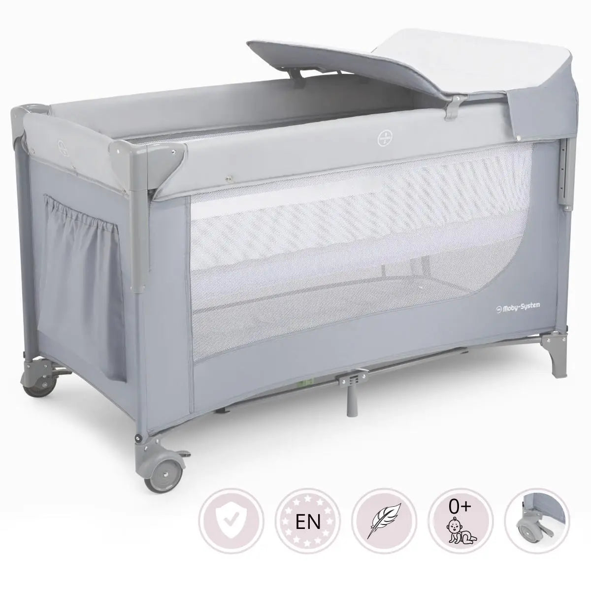 Moby-System 3-in-1 Closely Side-Sleeping Crib with Changing Table, Mattress, and Travel Bag for Babies, Playpen for Ages 0–3