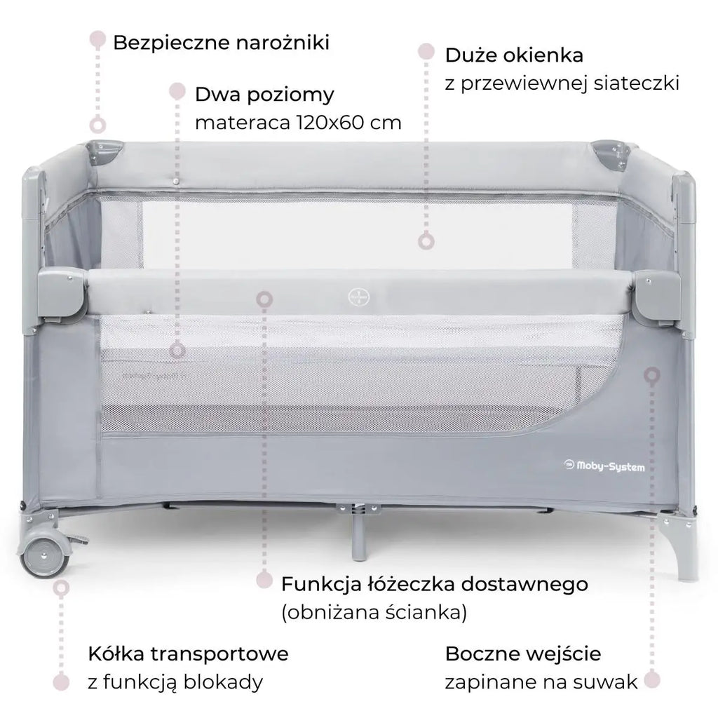 Moby-System 3-in-1 Closely Side-Sleeping Crib with Changing Table, Mattress, and Travel Bag for Babies, Playpen for Ages 0–3