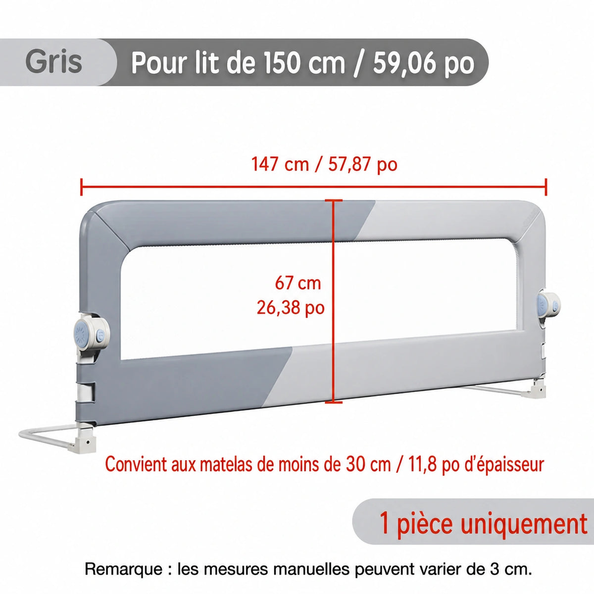 Barrière de lit bébé pliable - tailles disponibles 150 à 200 cm