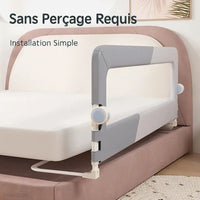 Barrière de lit bébé grise sans perçage, installation simple sur lit adulte rose