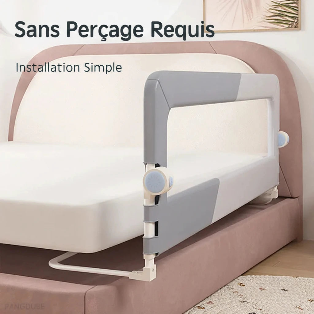 Barrière de lit bébé grise sans perçage, installation simple sur lit adulte rose