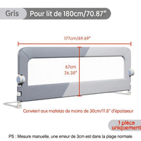 Barrière de lit bébé grise : dimensions de 177 cm de largeur et 67 cm de hauteur.