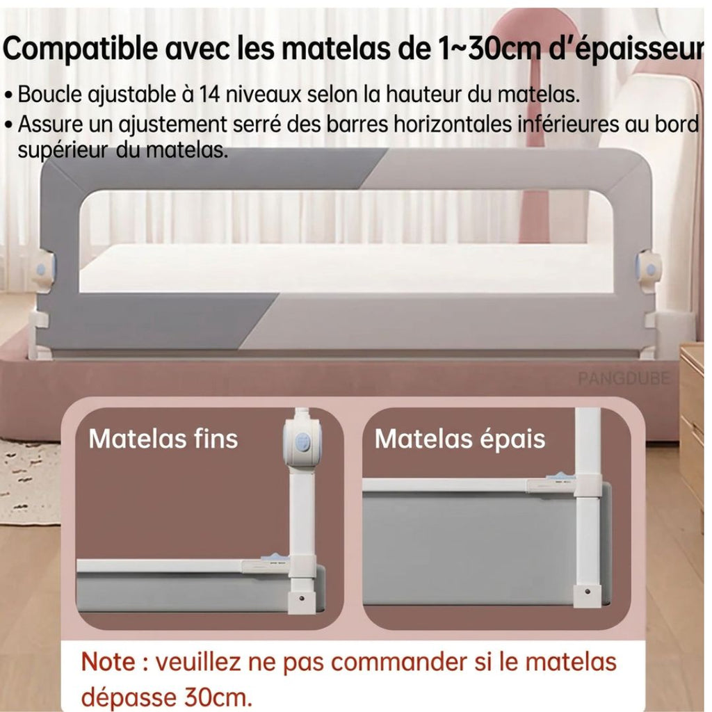 Barrière de lit bébé grise avec schéma de réglage pour matelas fins et épais.