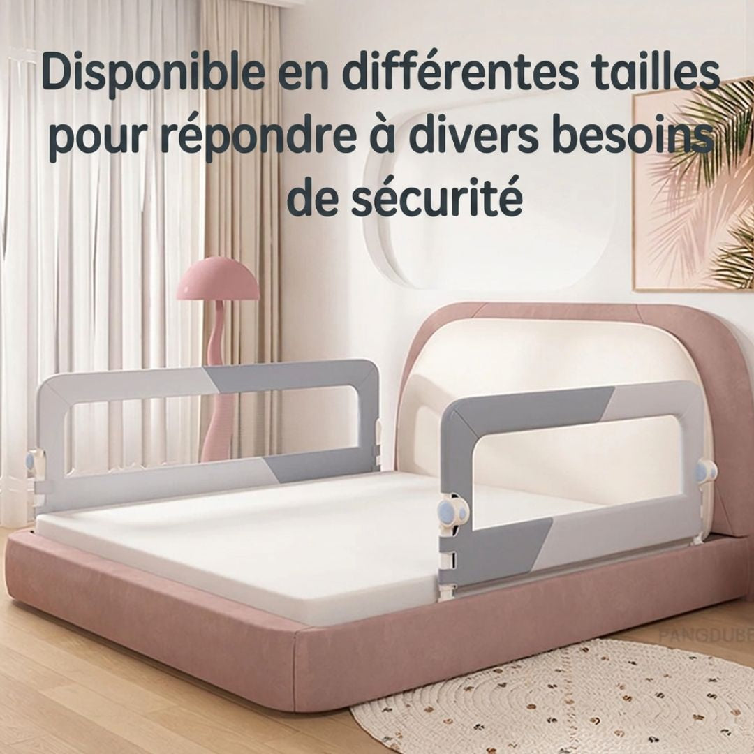 Deux barrières de lit grises installées sur les côtés d’un lit rose dans une chambre.