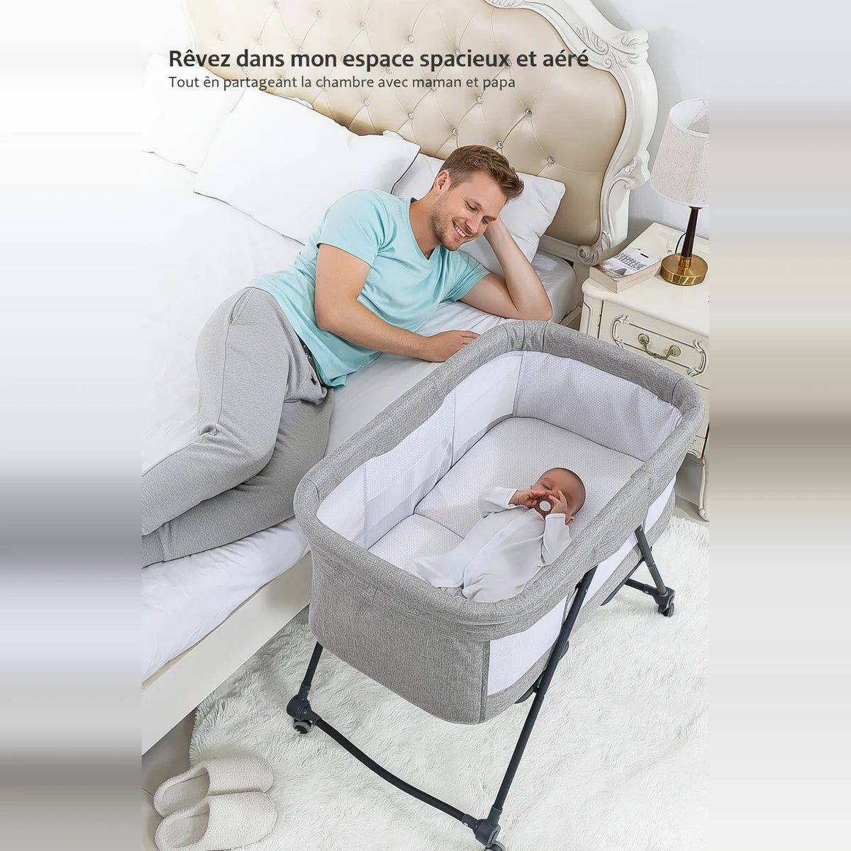 Berceau cododo évolutif gris convertible - papa et bébé partageant la chambre