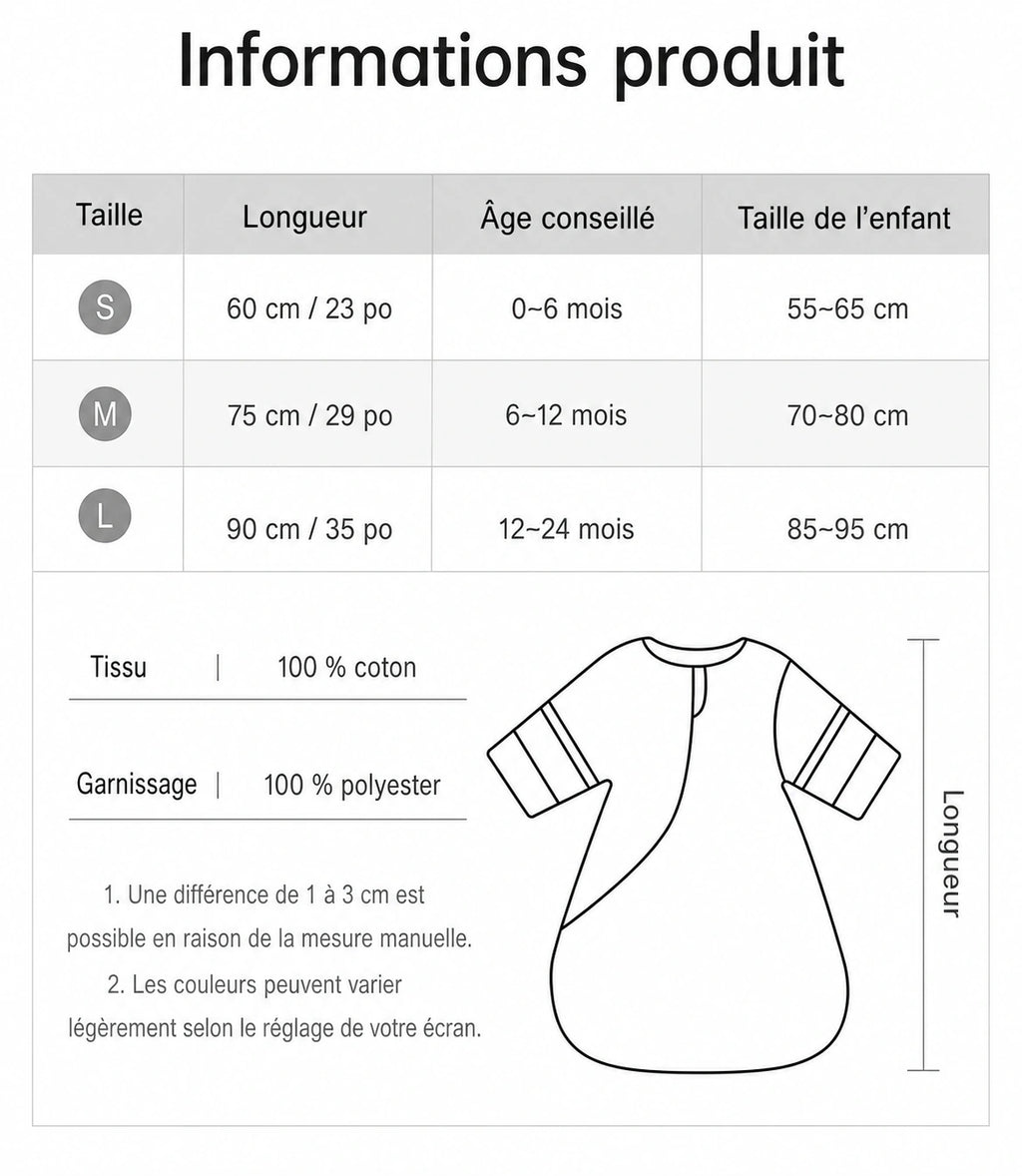 Tableau des tailles SIZE TABLE avec longueur, âge conseillé et taille en cm