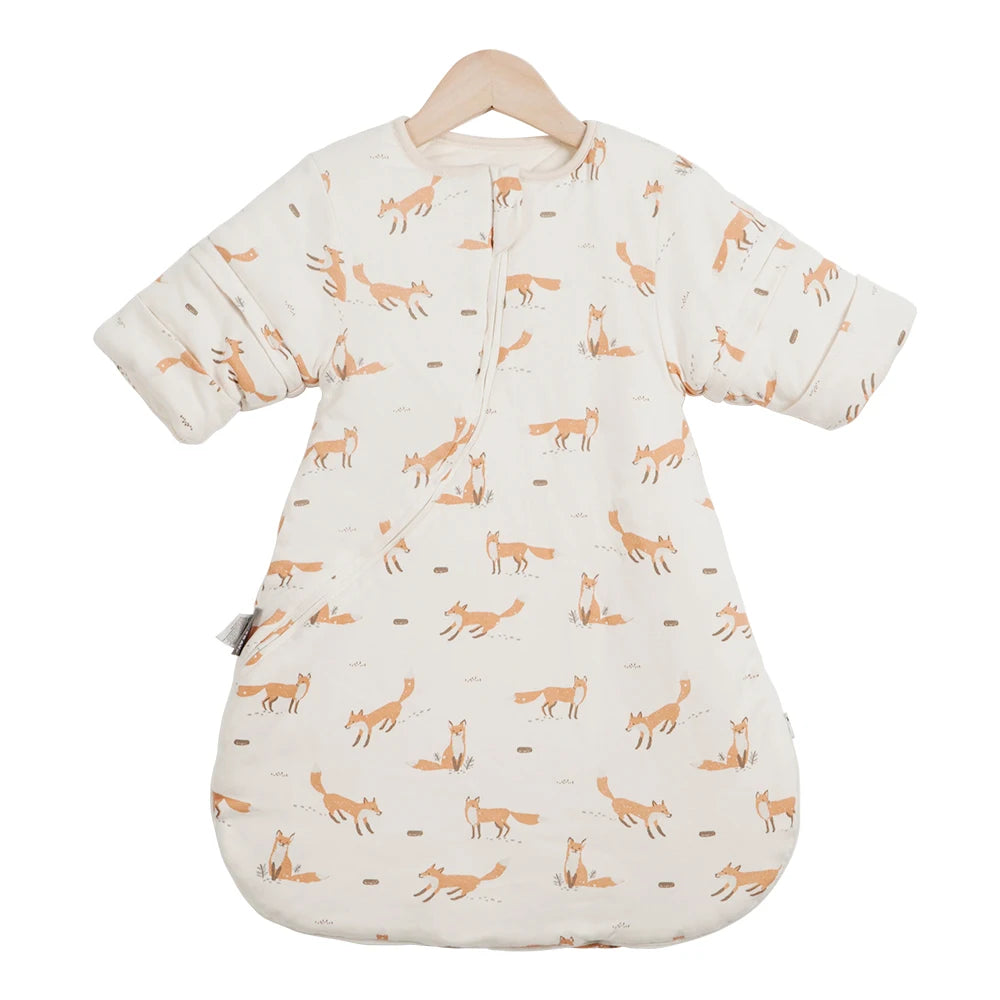 Gigoteuse bébé à manches amovibles beige, motif renards et brindilles orange, fermeture zip avant
